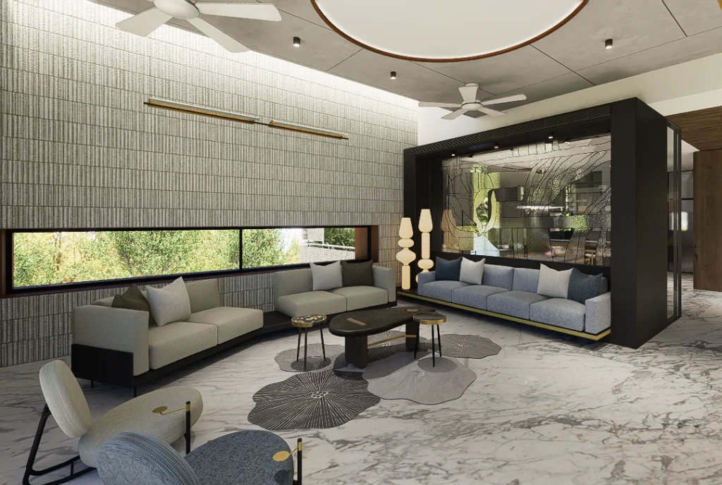 Doshi House spacious living room seating arrangement